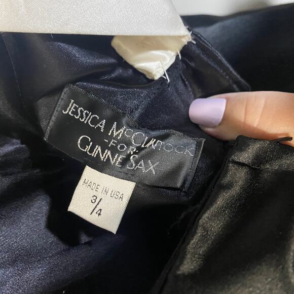 Jessica McClintock Gunne Sax VTG Formal Black Satin Dress White Bow & Straps 3/4 - Picture 13 of 16